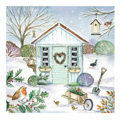 The illustration depicts a light green garden shed, with a heart shaped wreath on the front and snow all around. A red robin sits on a brand of holly. The shed is surrounded by trees and garden tools and in the top corner is a red robin next to a bird box hanging from a tree branch.